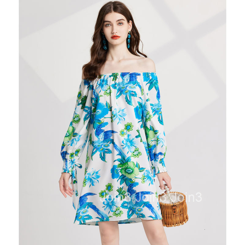 037 Summer New Womens Fashionable Printed Off-Shoulder Long Sleeve Loose Short Dress