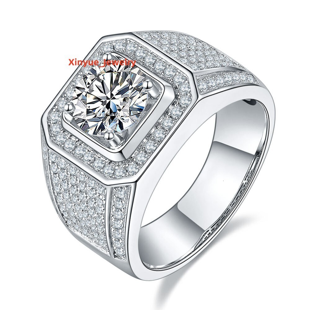 S925 Sterling Silver Mens Wedding Ring with 2 Karat Moissanite Micro-Inlaid Hip Hop Style for Handsome Groom