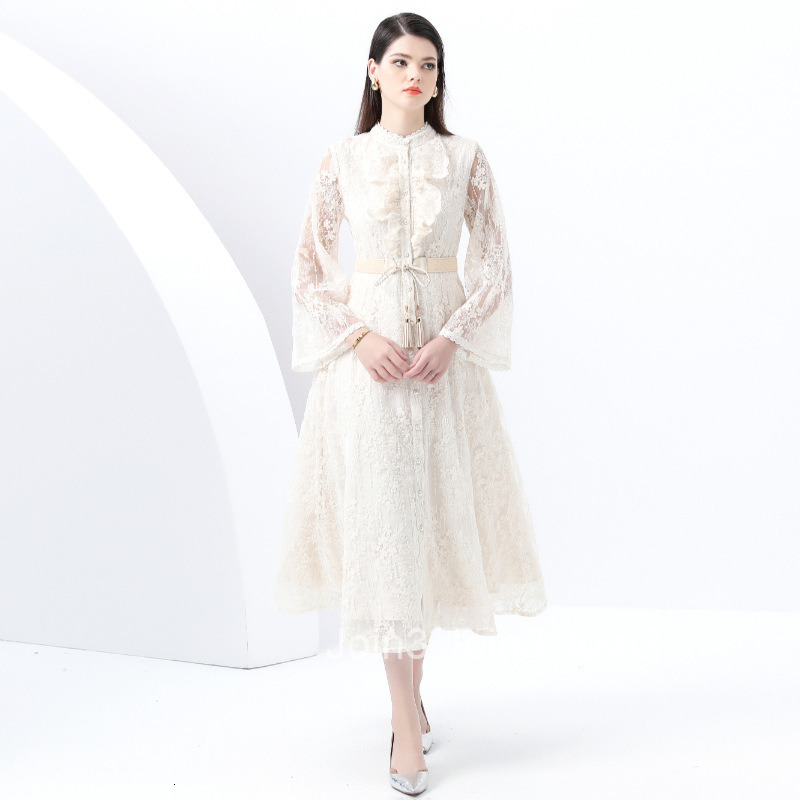 6168 Early Spring New Womens Vacation Style Stand Collar Lace Embroidered Floral Print Flared Long Dress