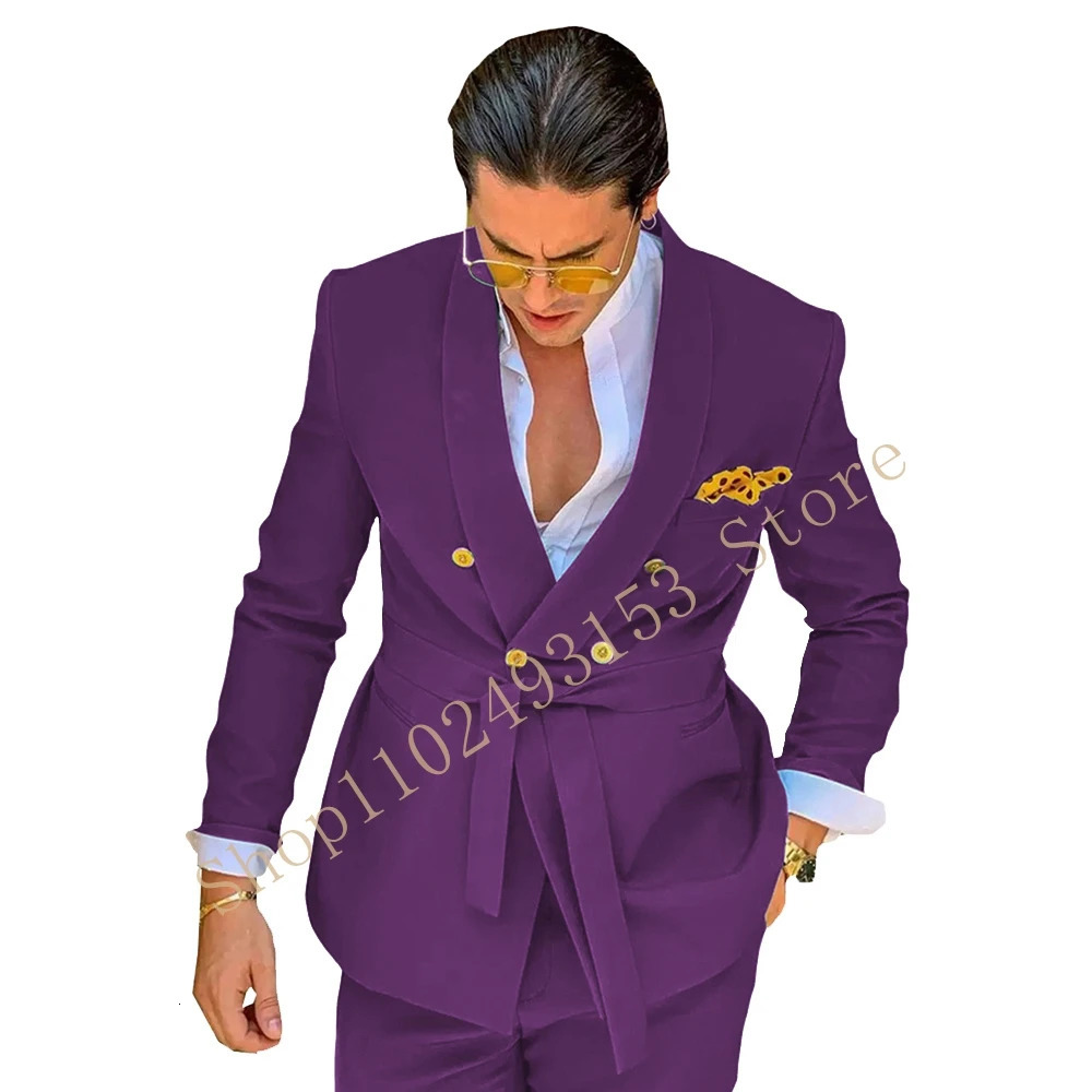 Green Male Suits for Wedding With Belt 2 Pieces Double Breasted Formal Groom Travel Wear JacketPants Costume Homme 250717