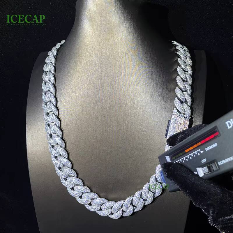18mm 20mm 5-Row Moissanite Diamond Tester VVS1 Miami Cuban Link Chain 925 Sterling Silver Necklace with White Gold Finish