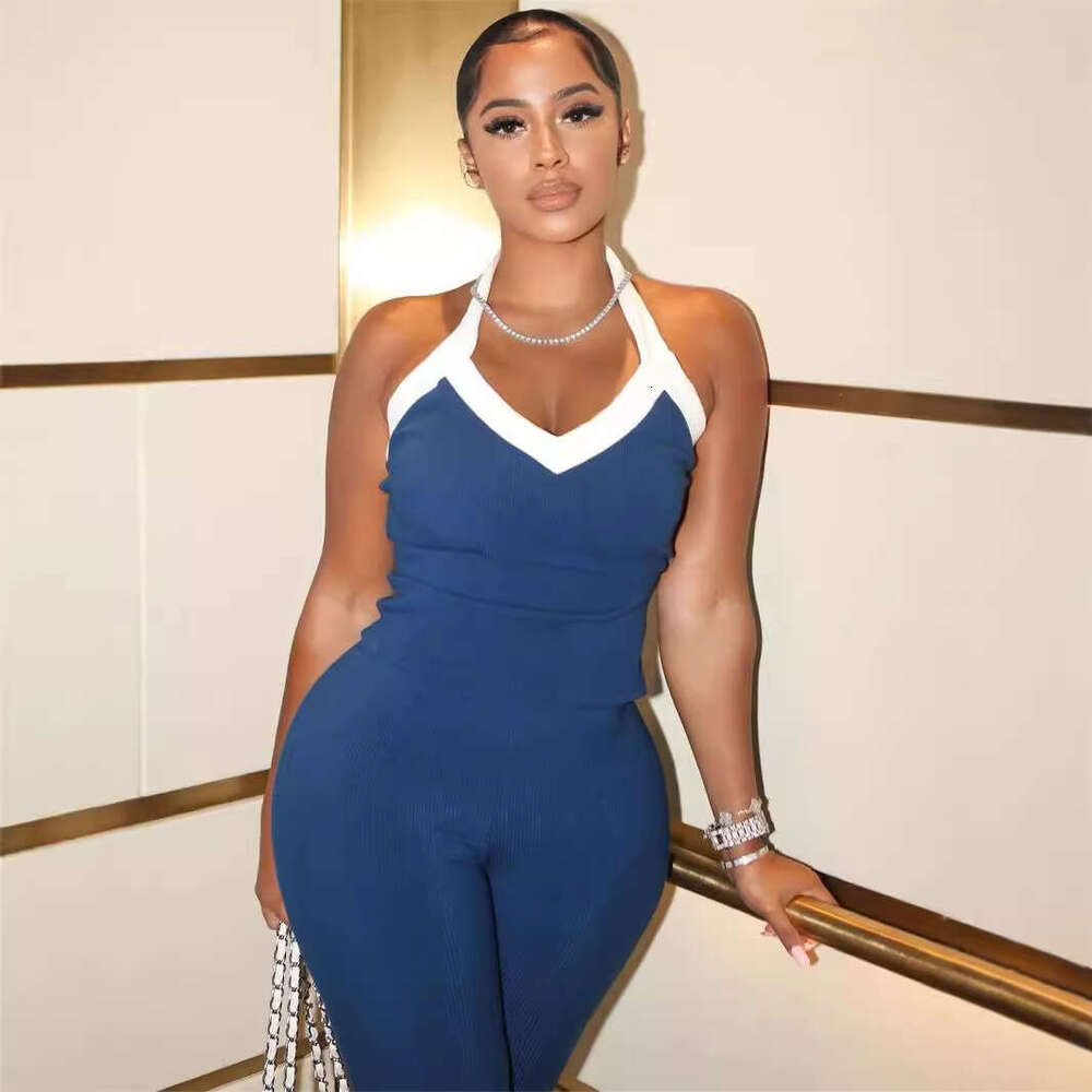 Summer Cross-Border European and American New Fashion Elastic Color-Block Halter Design Tank Top Tight Mid-Length Pants Set for Women