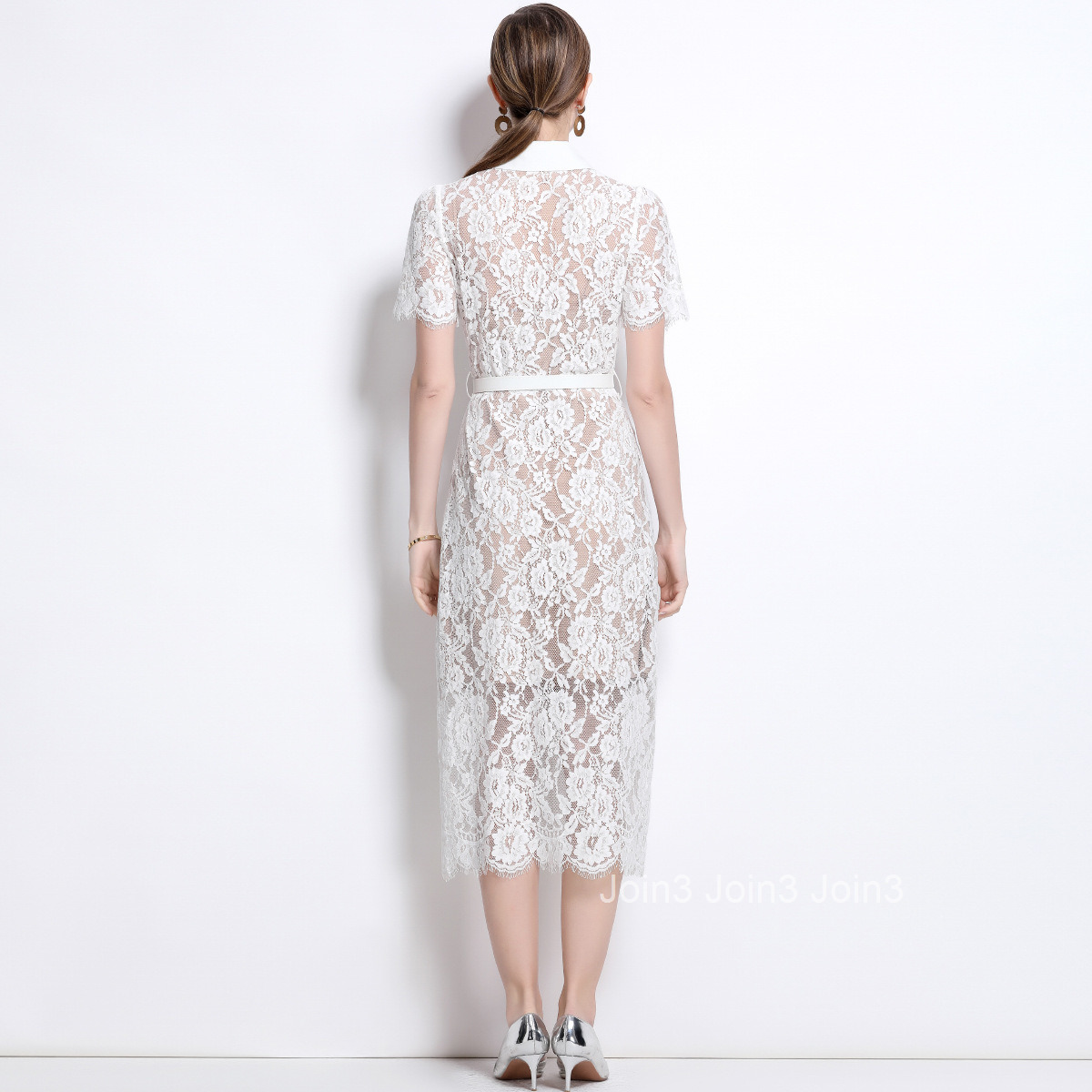 1693 Lace Collar Short Sleeve Single-Breasted Slim Fit Inner Layer Strap Dress with Belt