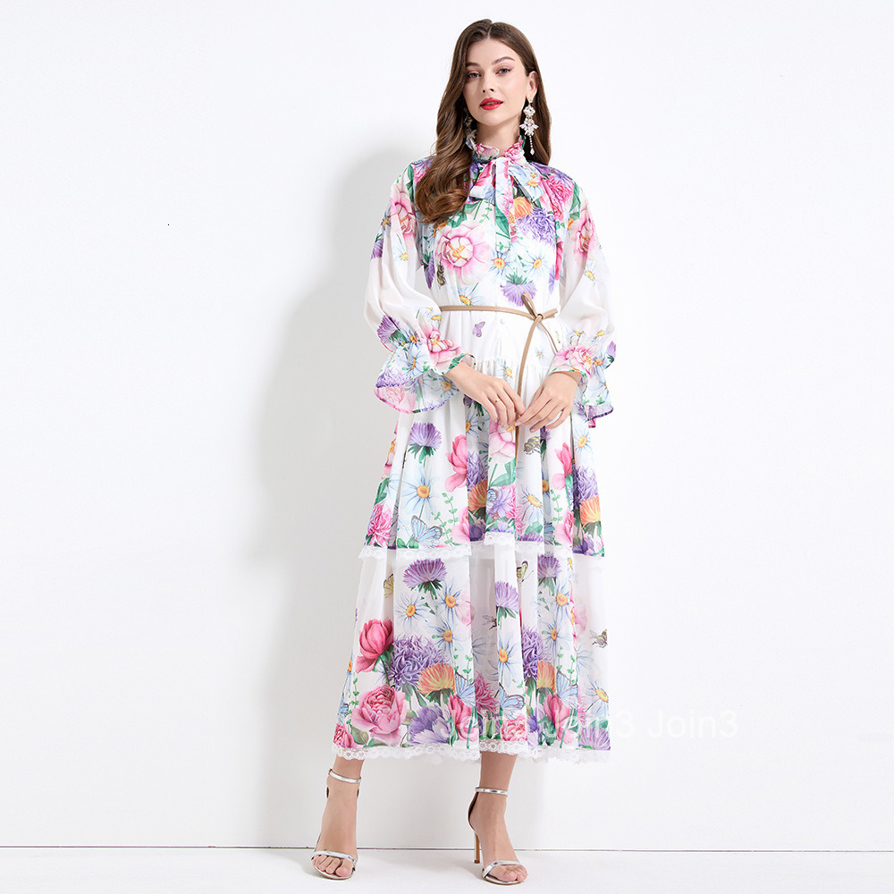 2170 Spring New Womens Fashion Elegant Vacation Style Lace Cake Dress Printed Waist-Cinching Long Dress - Two-Piece Set