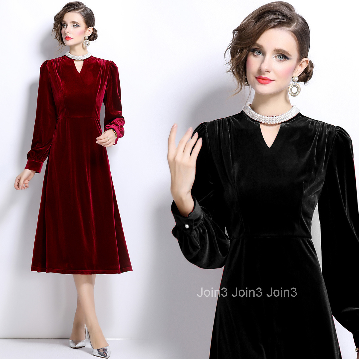 6999 Autumn/Winter New Womens Fashion Style Hanging Neck V-neck Hollow Velvet Long Dress