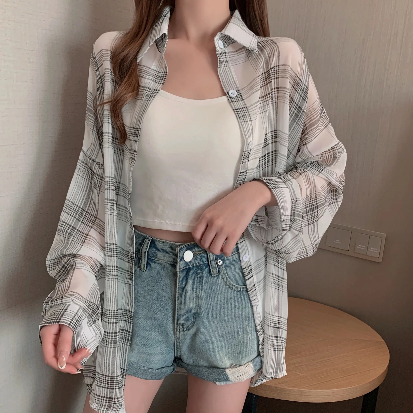Sheer Chiffon Plaid Shirt for Women Ovesized Collared Buttondown Blouse Summer Laides Slouchy Casual Outfit 250717
