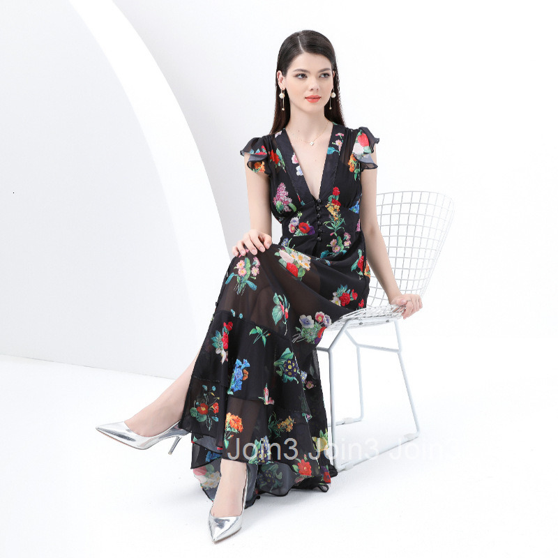6092 Early Spring New Womens Fashion V-neck Flared Long Dress Elegant Floral Dress Two-piece Set