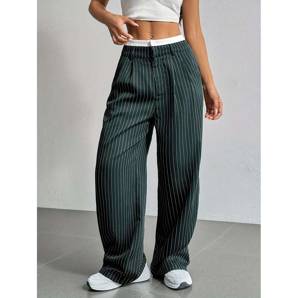 2025 Spring Summer New Women's Dress Pants Cross-Border Japanese Korean Casual High Waist Spliced Simple Draped Commuter Straight-Leg Trousers