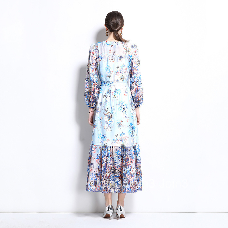 1238 Spring/Summer New Silk and Hemp Stand Collar Lantern Sleeve Printed Dress Long Dress