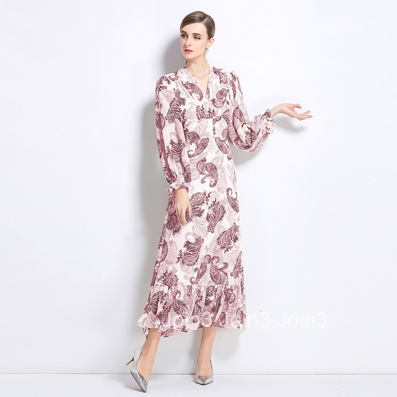8817 New Style Floral Print Collar Long Sleeve Waist-Cinching Slimming Ruffle Long Dress