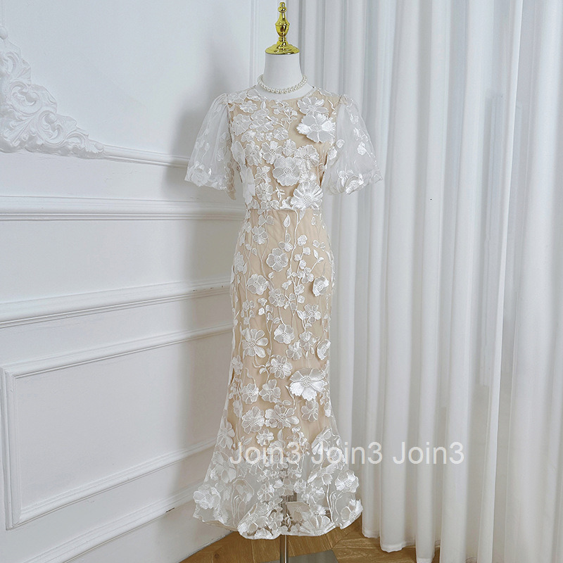 597 Heavy Craft Handmade Three-Dimensional Colorful Embroidery Puff Sleeve Bodycon Elegant Mermaid Dress