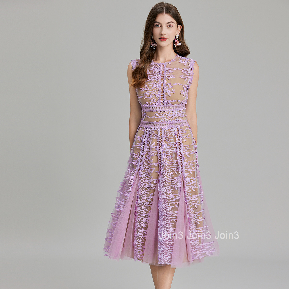 648 Summer New Womens Fashion Elegant Embroidered Mesh Lace Patchwork Waist-Cinching Hollow Slimming Dress