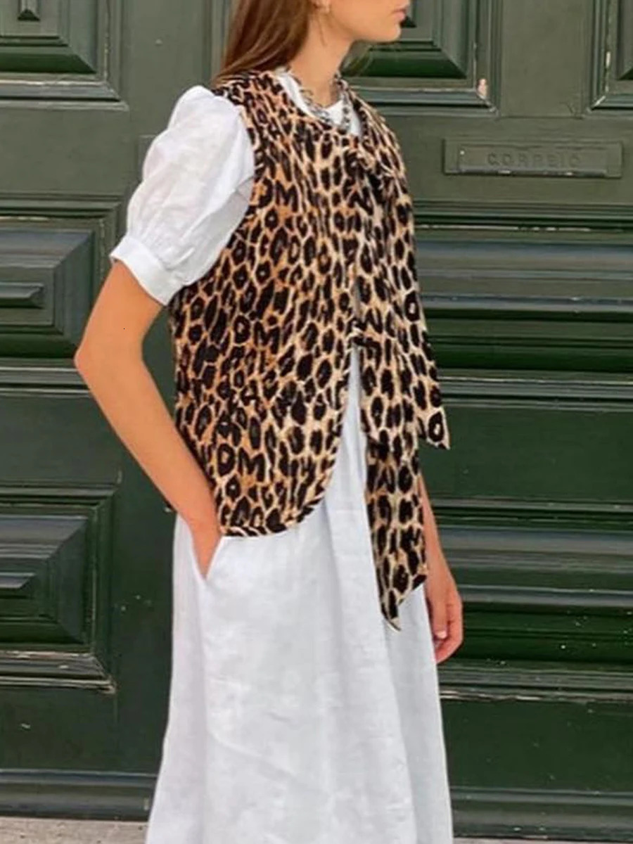 2024 Womens Leopard Print Waistcoat Bowknot Front Sleeveless VNeck Vest Casual Jacket Cardigan 250714