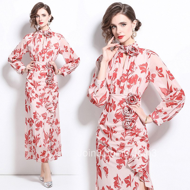 6015 Autumn New Womens Long Sleeve Printed Chiffon Dress Slim Waist Elegant Long Dress