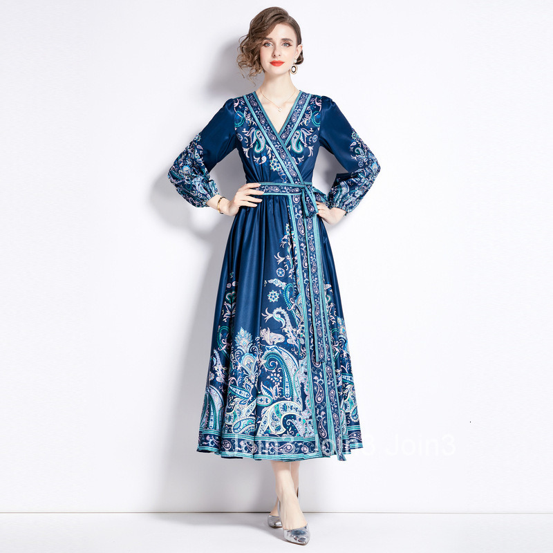 2372 Early Spring New Womens V-neck Ethnic Style Long Sleeve Printed Tie Large Hem Long Dress