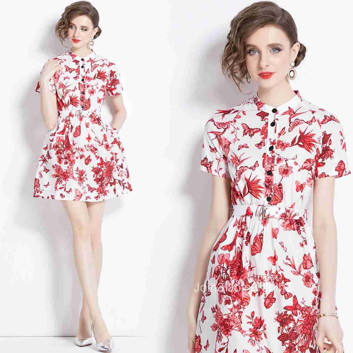 5821 Summer New Womens Fashion Slim Waist Elegant Fashion Printed Short Sleeve Short Dress