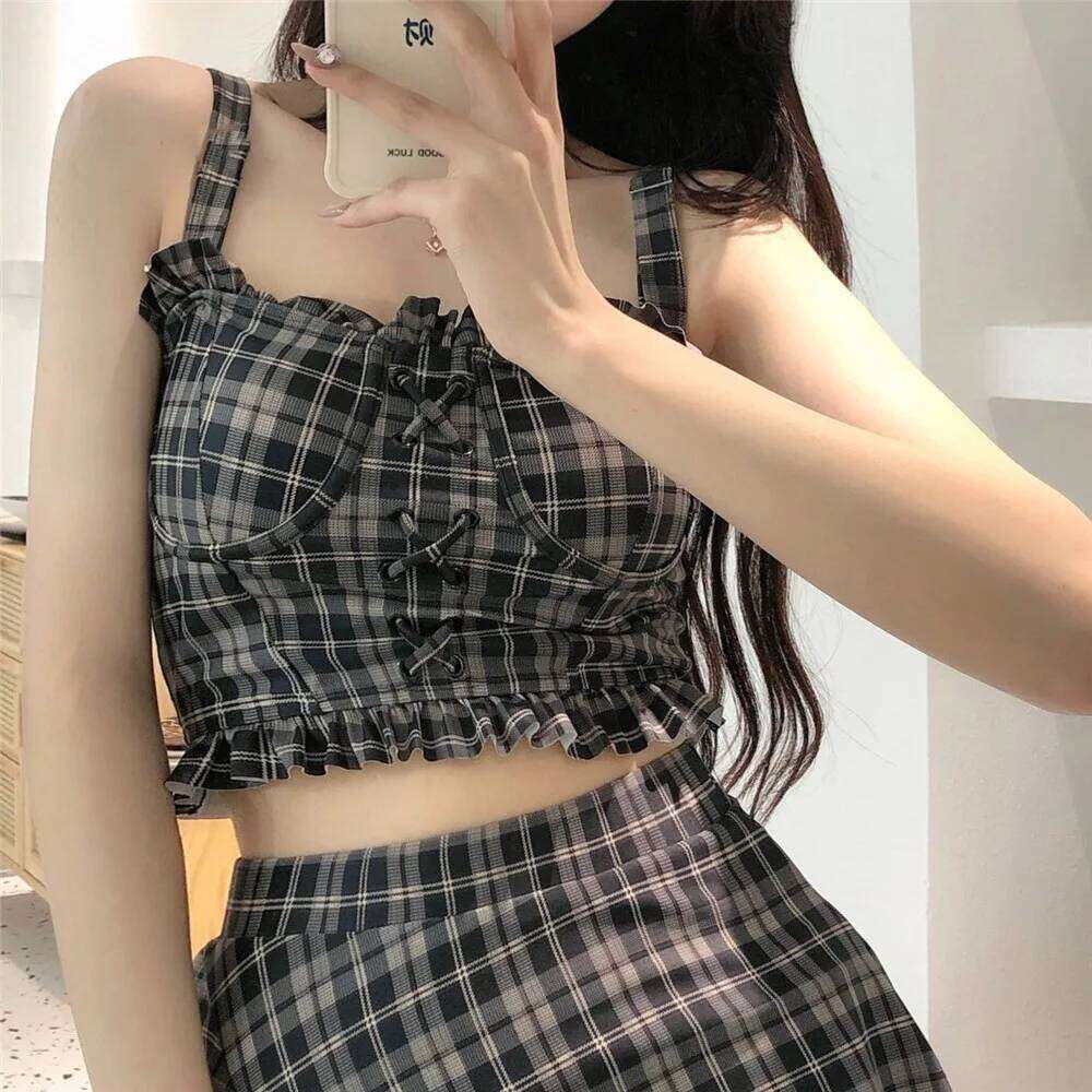 Vintage Plaid Print High Waisted Bikinis Sets Korean Swimwear Ruffled Skirts Culottes Cute Holiday Beach Wear Swimsuit