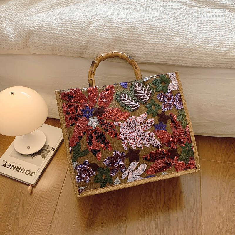 New Fashion Sequin Horizontal Tote Linen Women's Large Capacity Embroidered Bamboo Handle Bag