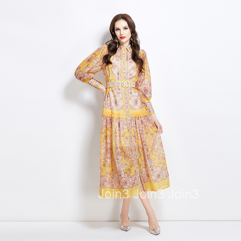 2757 Spring New Classical Court Style Printed Waist Cinched Single-Breasted Long Dress