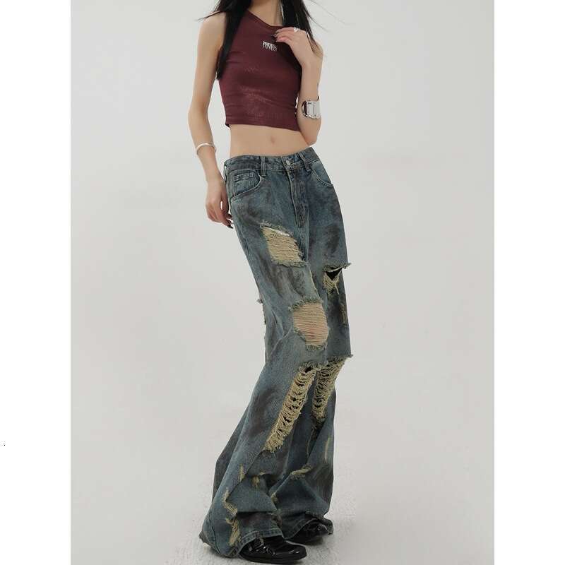 Post-Apocalyptic Ink-Splattered Ripped Jeans for Women, Spring/Summer New Design, Low Waist, Slimming, Wide-Leg, Floor-Length Pants