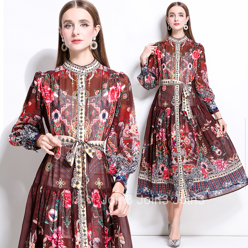 1247 Spring Summer New Chiffon Stand Collar Lantern Sleeve Printed Long Dress