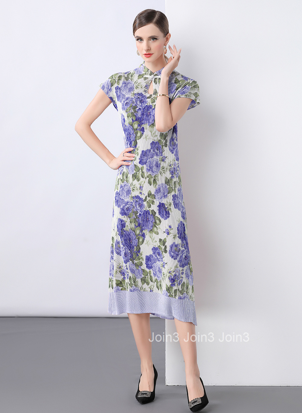 9911 Direct Sales Miyake Pleated Gold Spray Cheongsam Dress