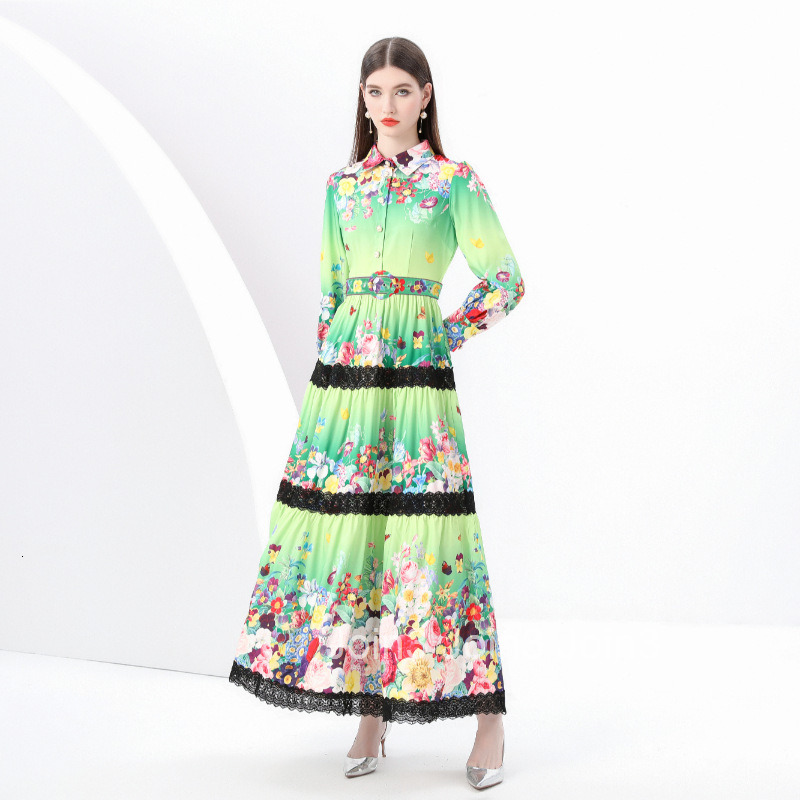 6008 early spring new womens clothing Elegance style lapel lantern sleeve printed lace edge skirt dress