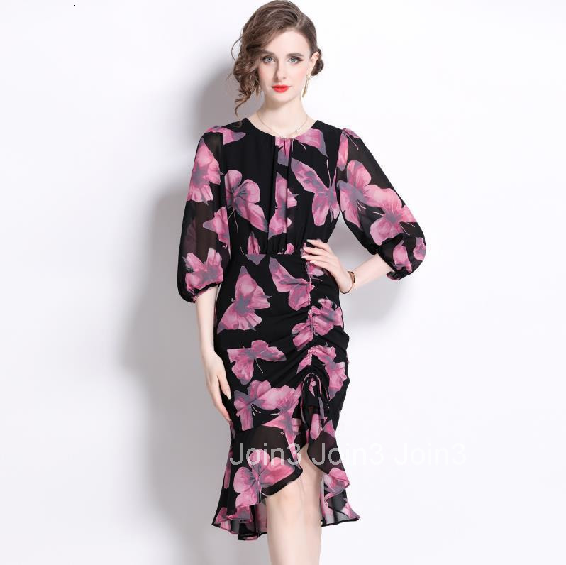 5819 Spring Summer New Womens Fashion Elegant Mermaid Hem Floral Dress Lantern Sleeve Slim Fit Mid-Length Dress