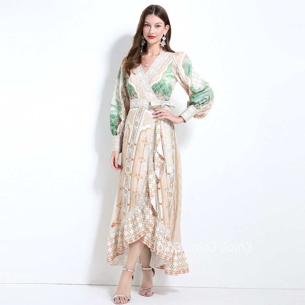 2124 Spring/Summer New Womens Dress with Cross Collar Printed Lace Waist and Ruffle Edge