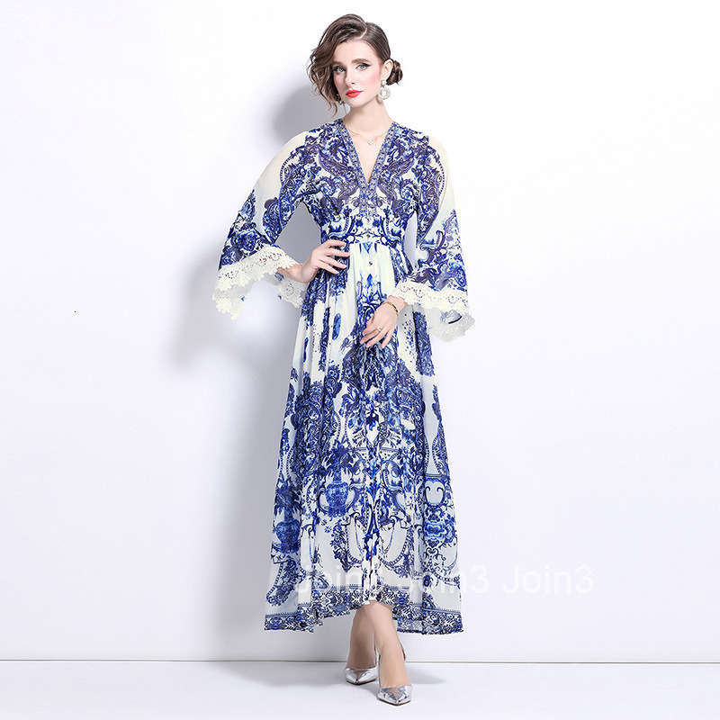 1019 Autumn New Seaside Vacation Beach Skirt Blue and White Porcelain Pendant Skirt Dress