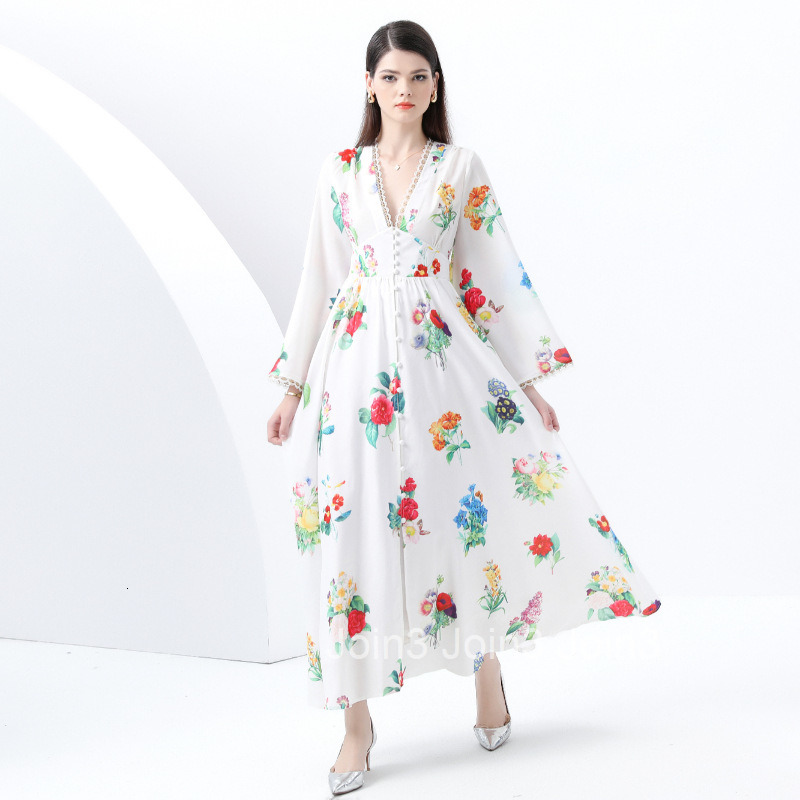 6085 Early Spring New Womens Deep V-Neck Flared Sleeve Large Hem Painted Print Long Dress