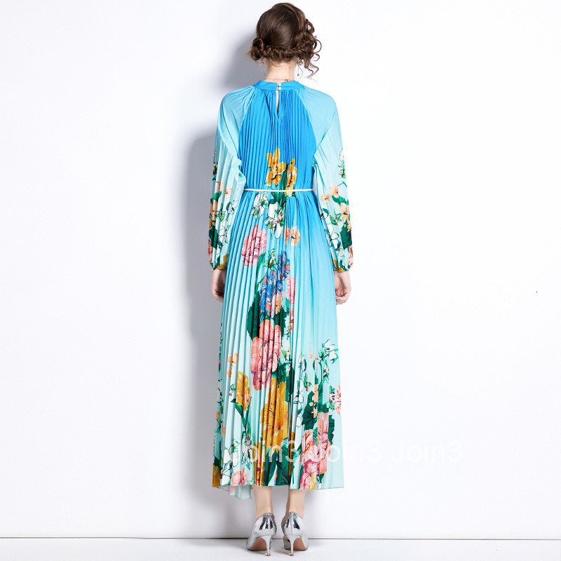 8586 Autumn New Womens Fashion Printed Lantern Sleeve Pleated Tassel Belt Flared Long Dress