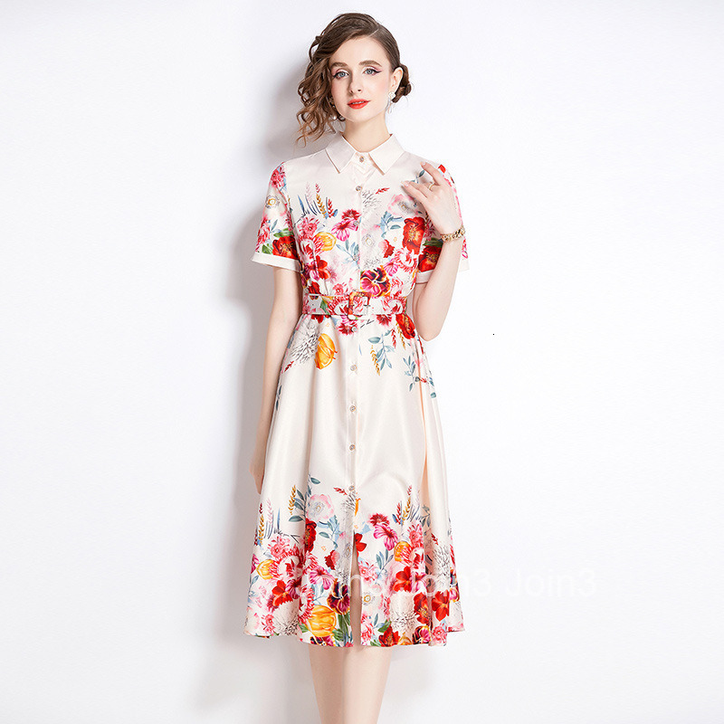 6051 Summer New Womens Fashion Printed Waist-Cinching Turn-Down Collar Short Sleeve Dress (With Belt)