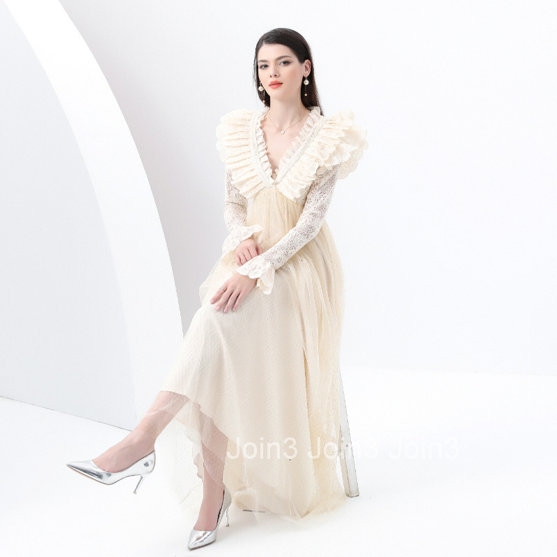 8830 Early Spring New Womens Fashion Vacation Style Embroidered Lace Collar Long Sleeve Lace Mesh Long Dress