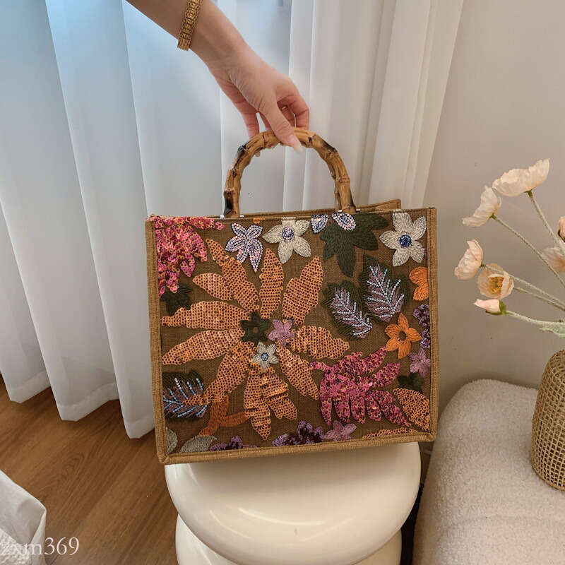 New Fashion Sequin Horizontal Tote Linen Women's Large Capacity Embroidered Bamboo Handle Bag