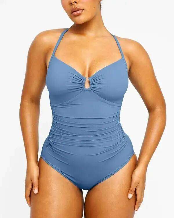 Smart Sculpt U-Ring Cut Out Shaping Swimsuit V-neck Shiny Women Waist Ruching Backless Beach Resort Comfy One Piece Suits Bikini