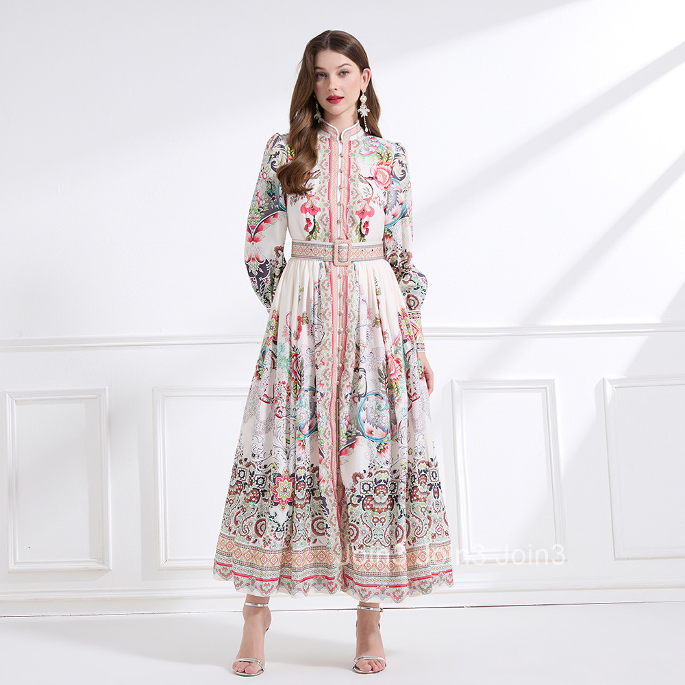 2175 Spring New Womens Clothing Elegance Style Stand Collar Printed Lantern Sleeve Long Dress