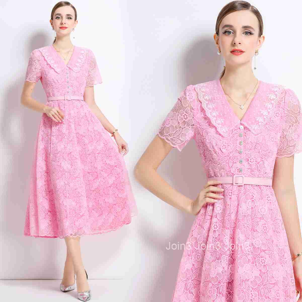 1501 Summer New Elegant Water-Soluble Lace Dress Short Sleeve Doll Collar Tie Waist Long Dress