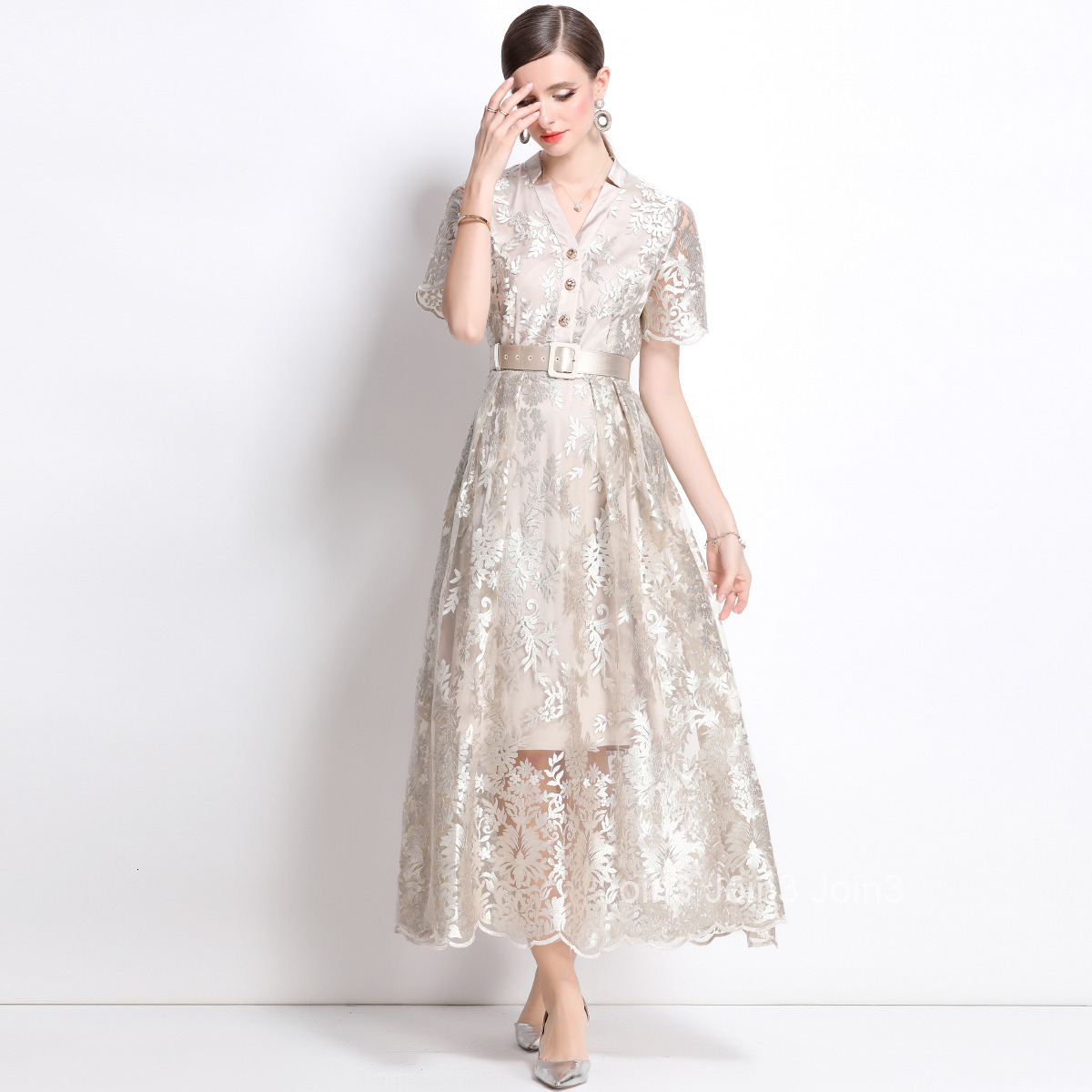 1691 New Style Mesh Embroidered Long Dress with High-end Feel Pocket V-neck Slim Fit Dress with Belt