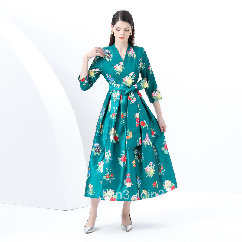 6065 Spring and Autumn New Womens Vacation Wrap Tie V-neck Three-quarter Sleeve Printed Long Dress