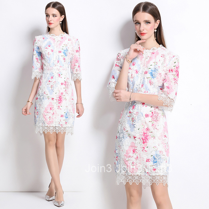 5159 Summer Printed New Heavy Embroidery Lace Trim Dress