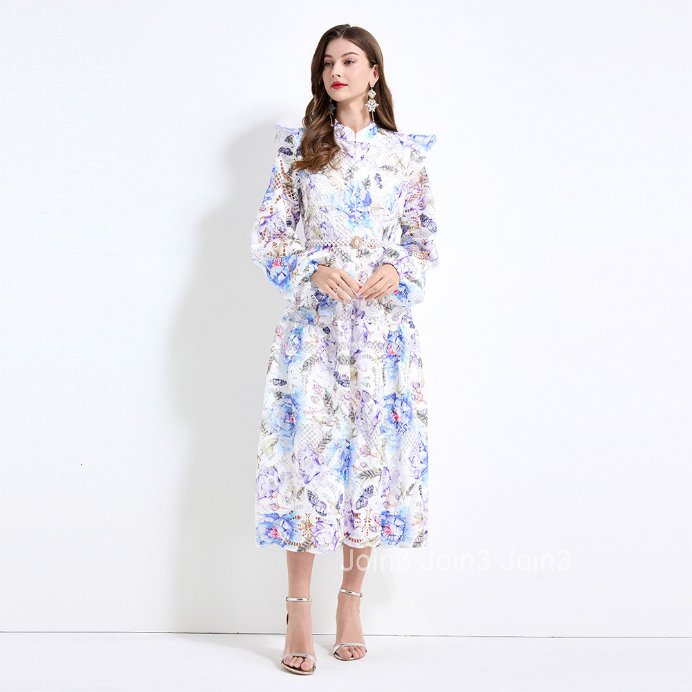 2148 Spring New Womens Stand Collar Floral Print Water-Soluble Long Waist-Cinching Lace Dress