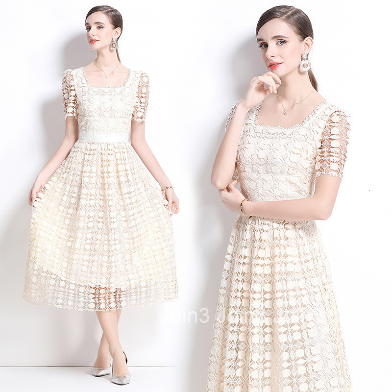 703 fashion slimming hollow out water-soluble lace positioning mid length dress