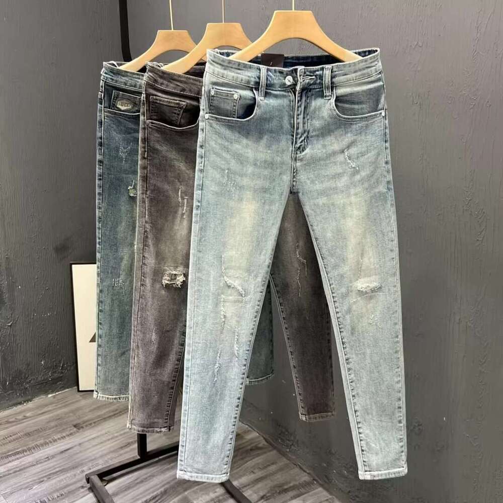 Summer Distressed Light-colored Wear-resistant Jeans for Men, Nine-tenths Length, Trendy Brand, Stylish Korean Version, Versatile Slim Fit, Skinny 9/1