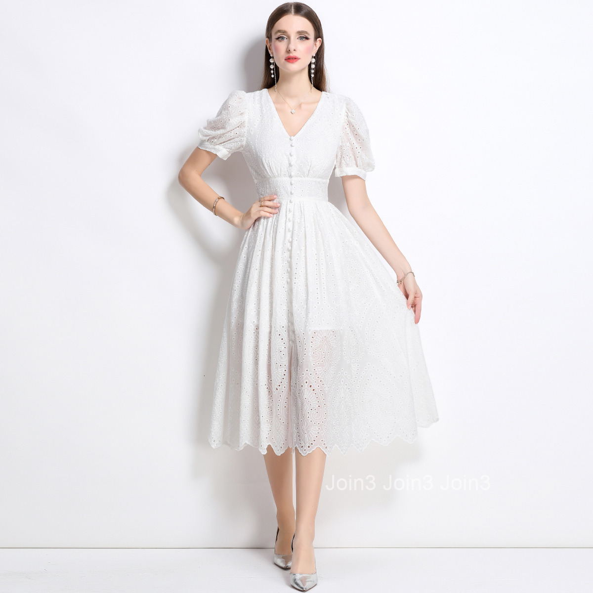 9607 French Collar Lantern Sleeve Dress for Women Single-Breasted Hollow Out Long Skirt