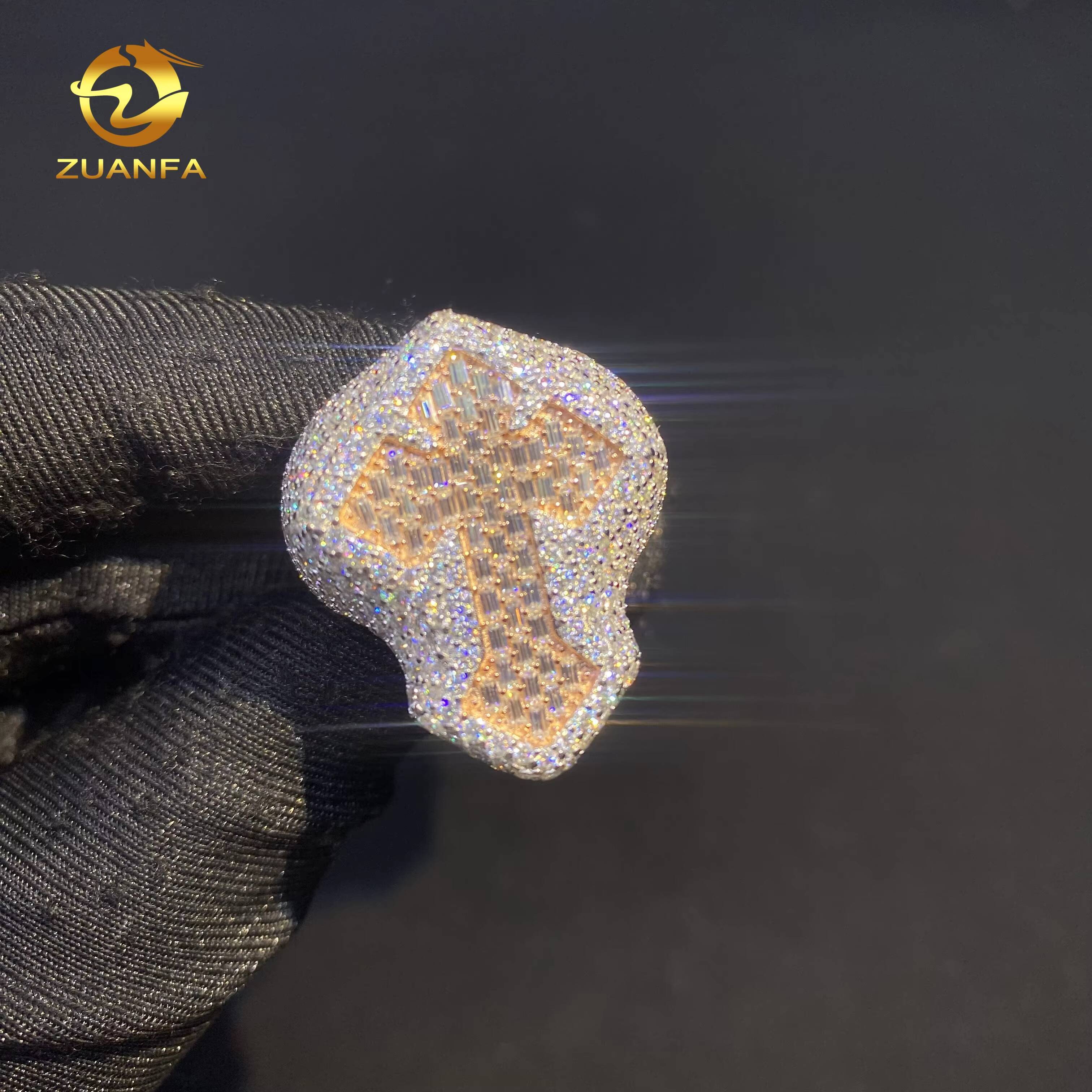 Hot Sale 2 Tone Hop Jewelry Fully Iced Out Baguette Diamond Men Ring VVS D Moissanite 925 Sliver Cross Rings GRA Certificate