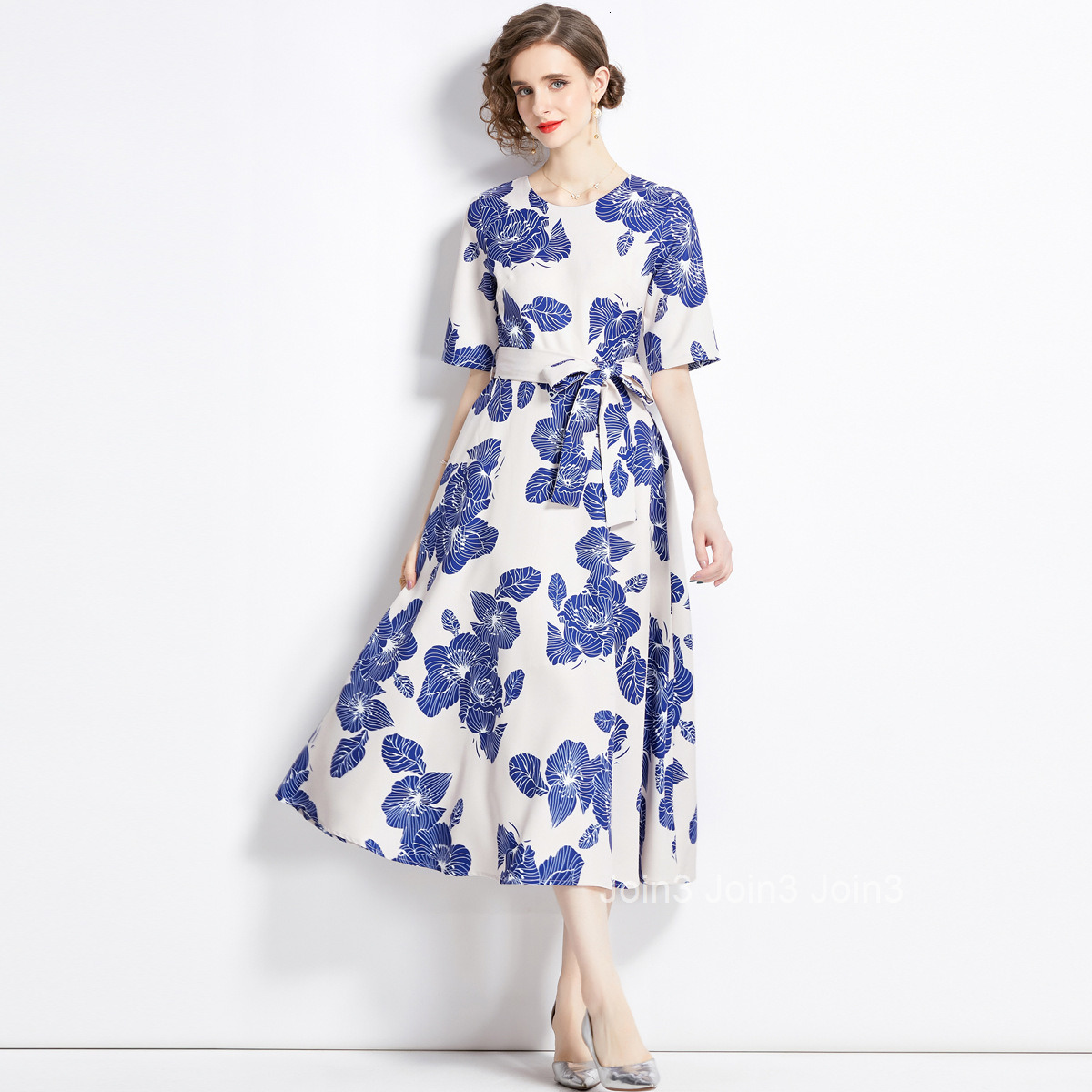9034 Summer New Womens Blue and White Porcelain Print Round Neck Waist-Cinching Fashion Slim Long Dress