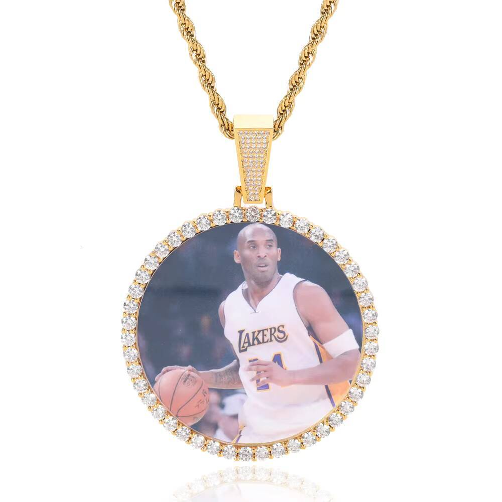 Custom Big Size Hip Hop Iced Out Cubic Zircon Gold Plated Brass Circle Photo Frame Pendant Necklace Jewelry for Family Gift