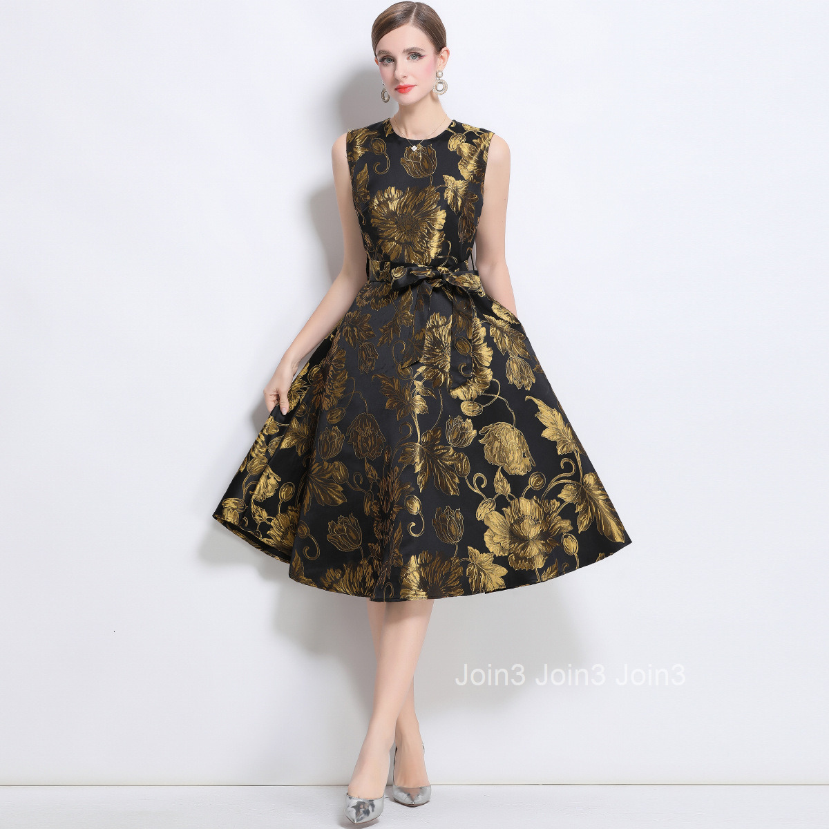 5867 New Jacquard Womens Waist-Cinching Flared Mid-Length Dress