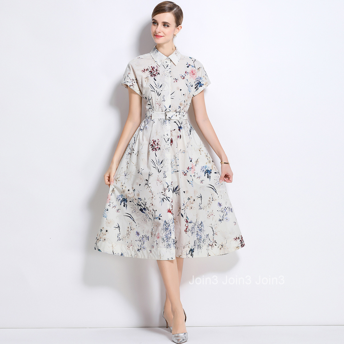 5882 Ink Painting Plant Floral Elegant Printed Open Button Shirt Elegant Dress with Lining and Belt